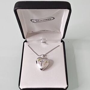 Sherman Jewelry Silver Tone Heart Locket Necklace Cross Floral Enamel Curb Chain